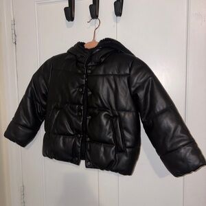 Zara Black Faux-Leather Kids Puffer Jacket with Hood